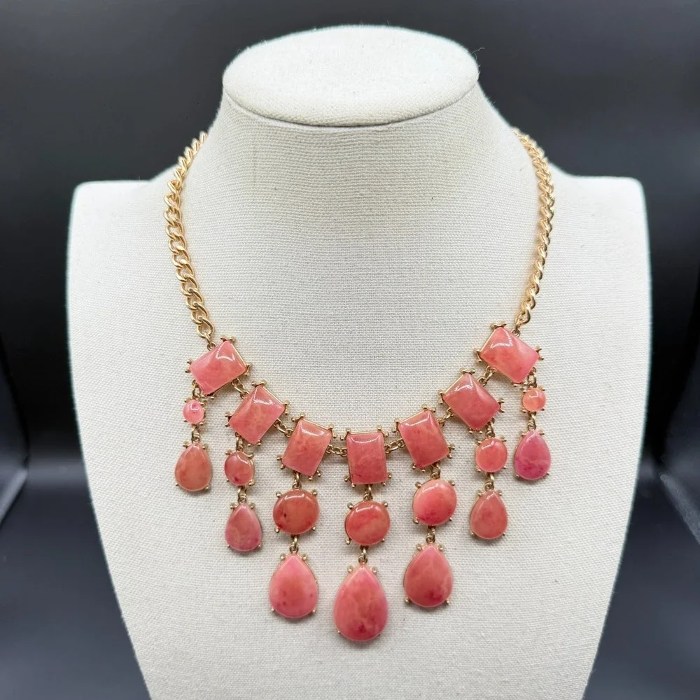 Pink Cabochon Statement Necklace Gold Tone Teardrop Fringe Bib Boho Romantic